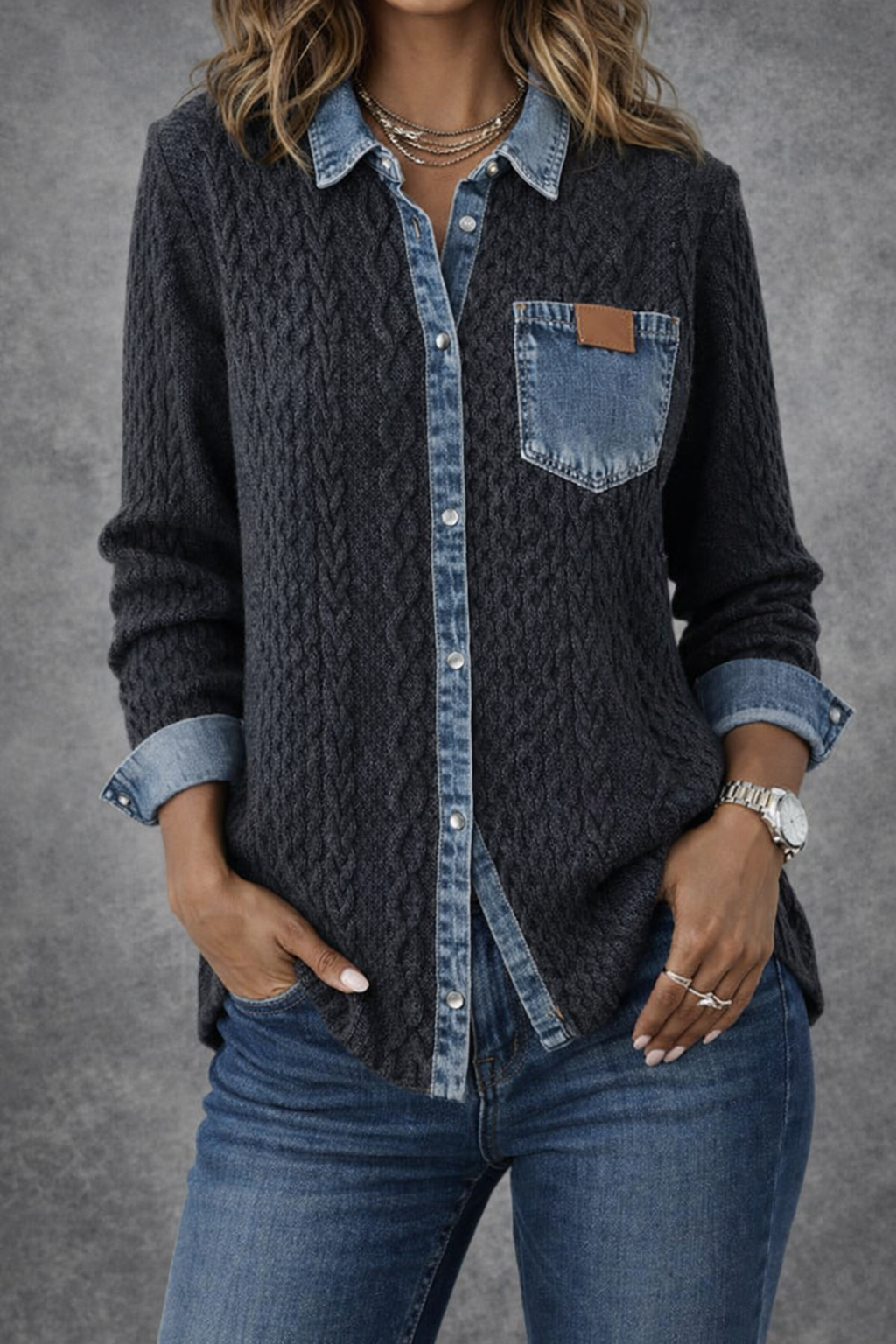 Ambra™ | Top de punto patchwork con detalles en denim