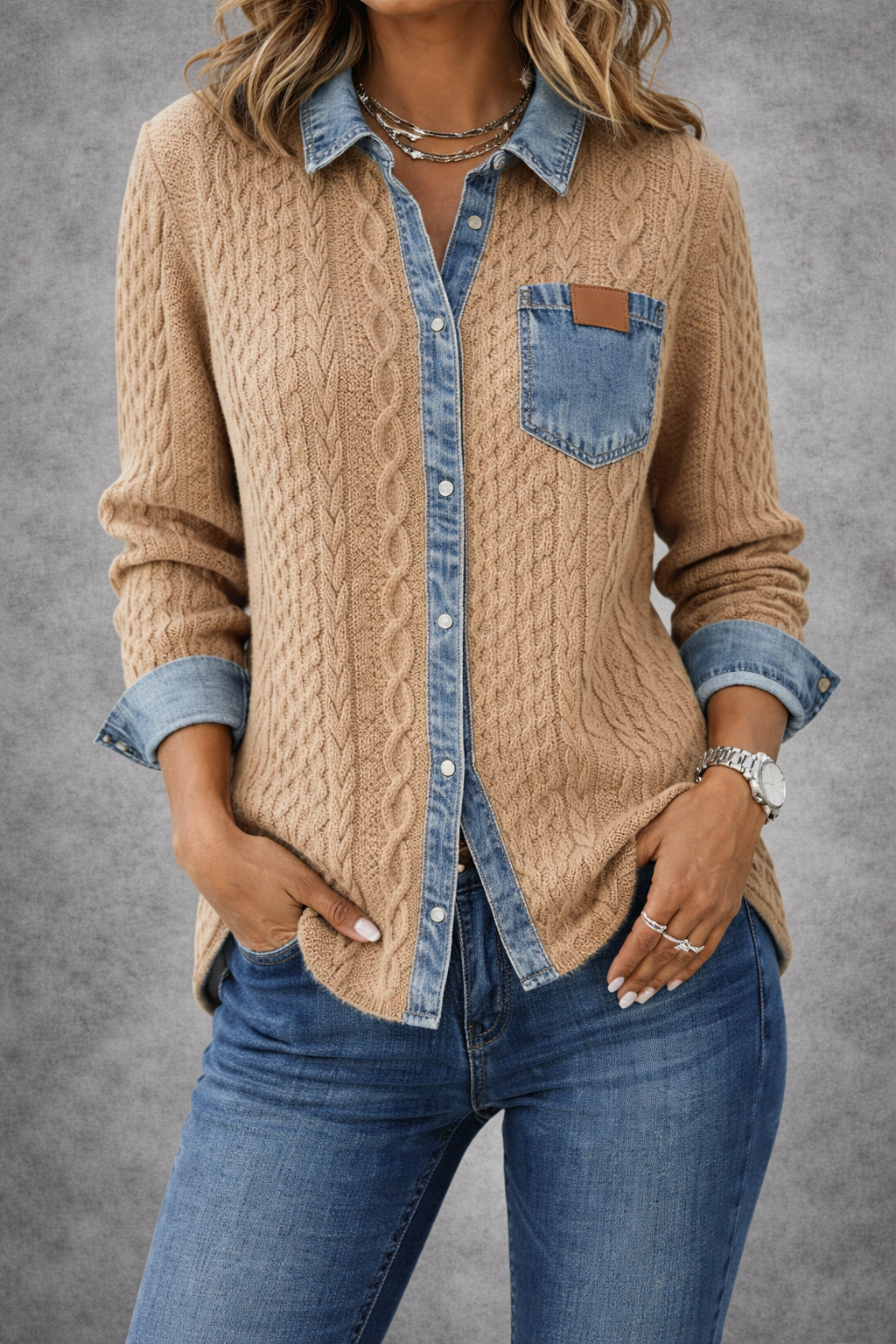 Ambra™ | Top de punto patchwork con detalles en denim